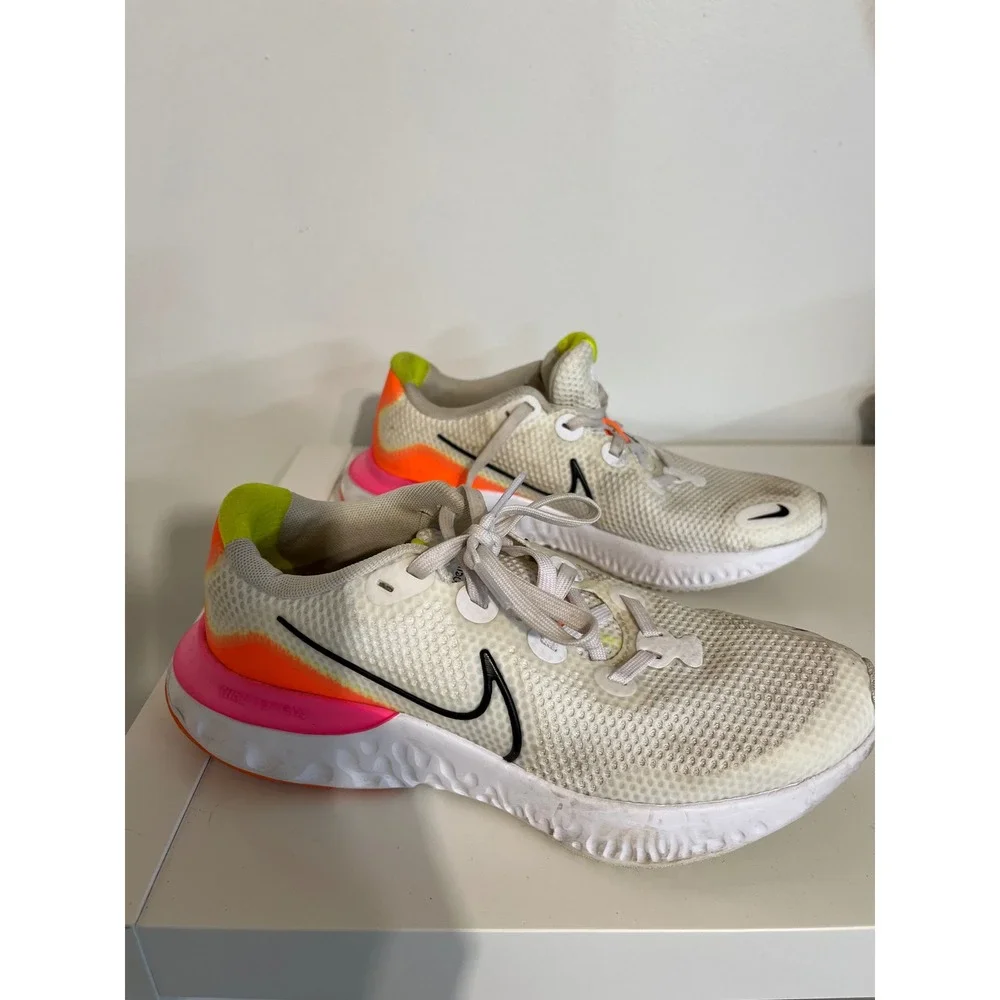 Nike Renew Run Kids Running Shoes White Orange Pink CT1430-100 Size 5Y
